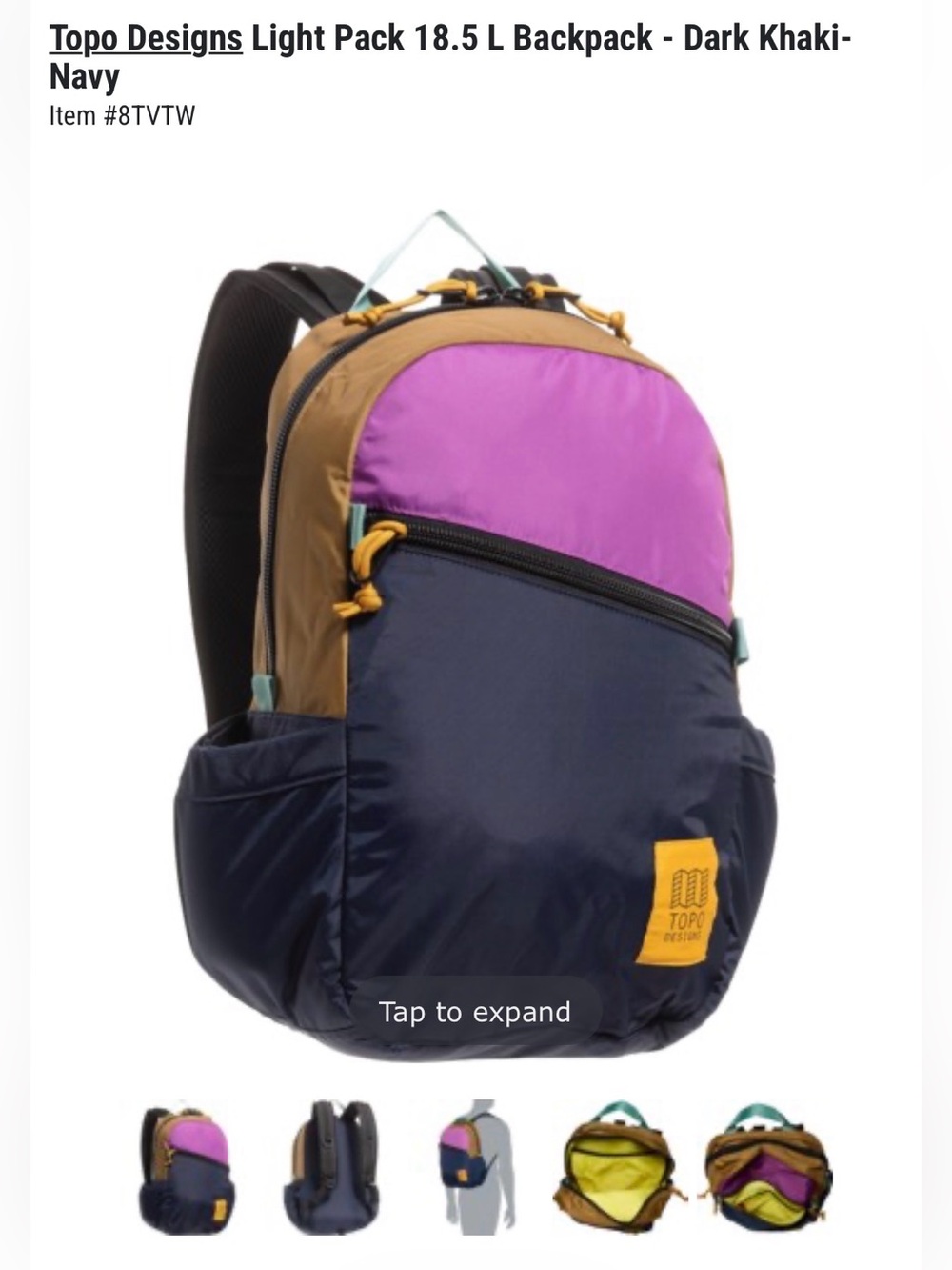 Topo Designs Light Pack 18.5 L Backpack - Dark Khaki-Navy - Picture 3 of 9